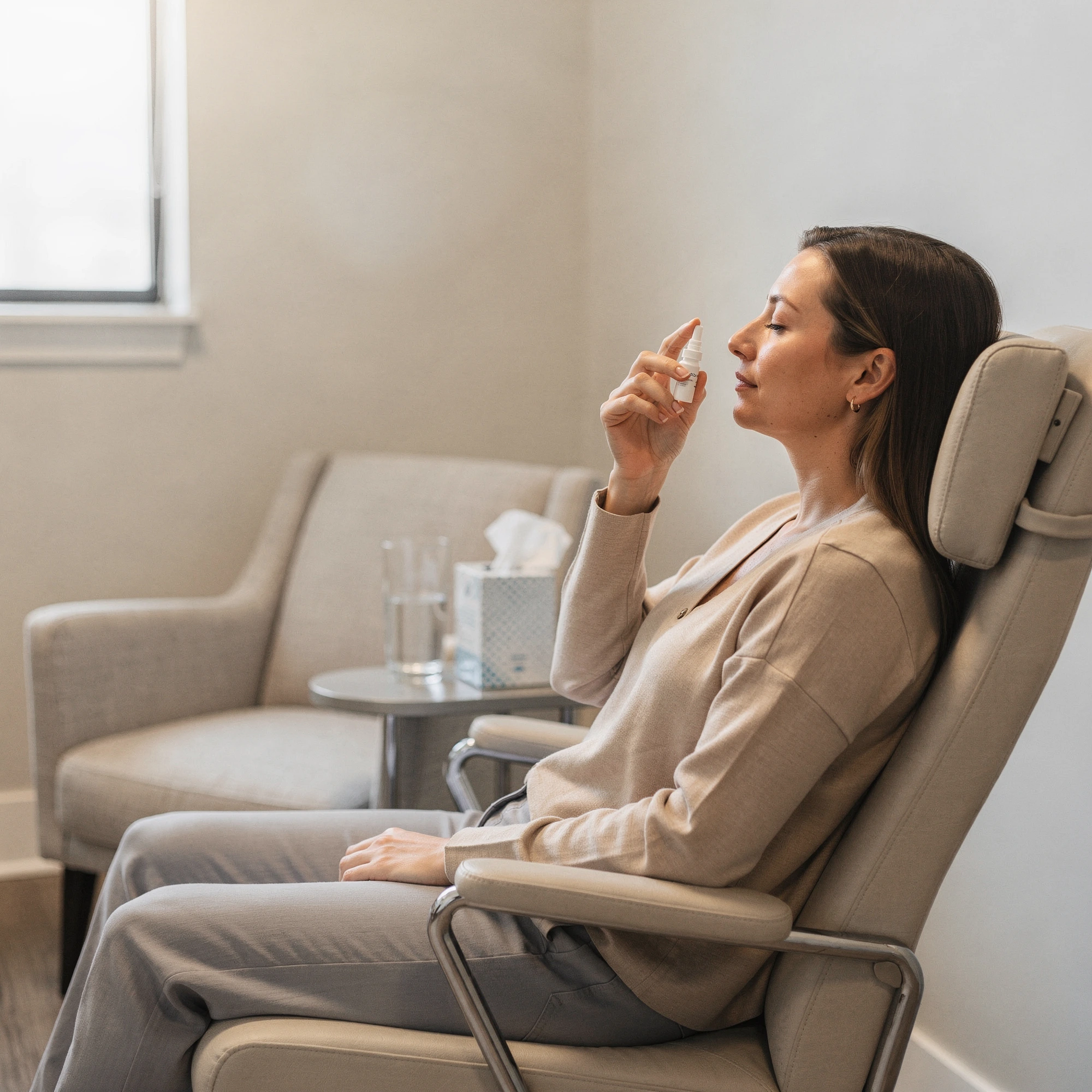 Patient using nasal spray during Spravato treatment at Myndful Wellness